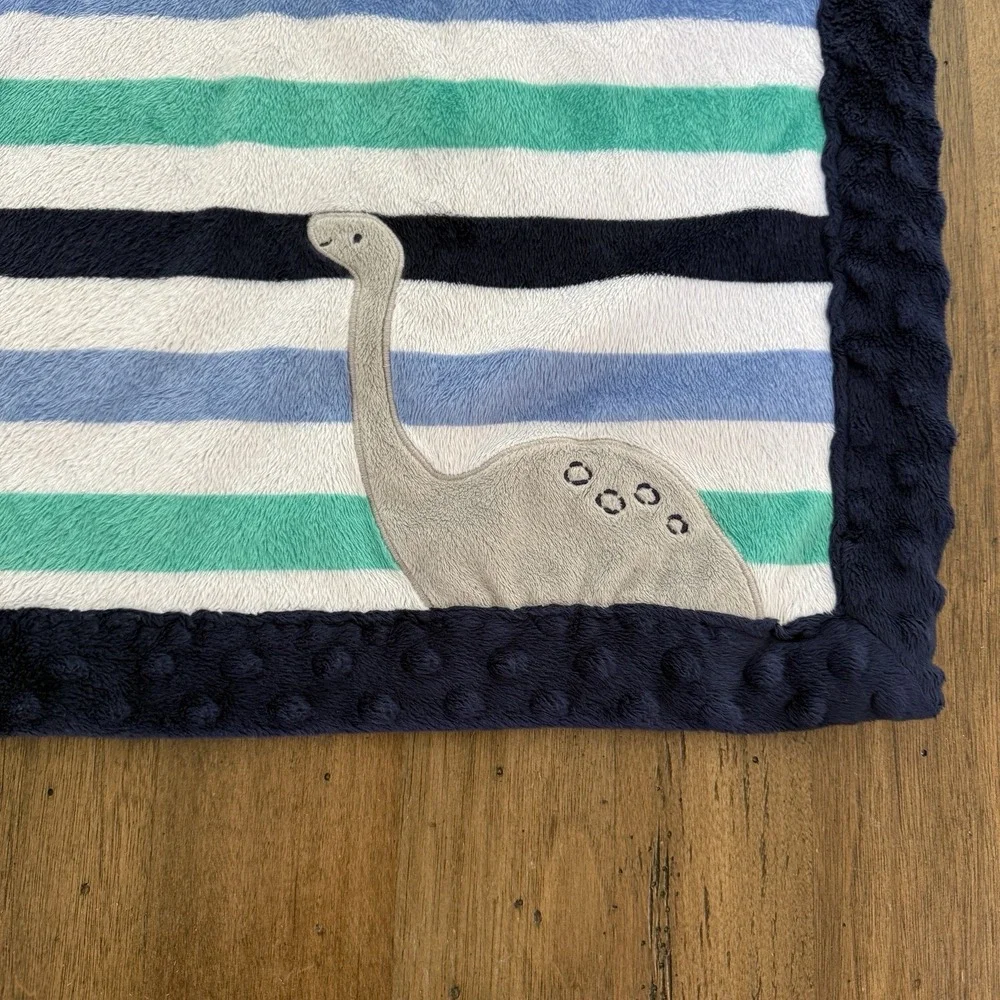 Carters Child Of Mine Navy Blue Green White Striped Dinosaur Dino Baby Blanket